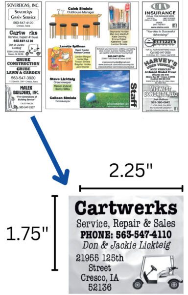 A collage of advertisements including a highlighted ad for Cartwerks at the bottom, measuring 2.25 by 1.75 inches, featuring service details and a cartoon image of a man on a golf cart.