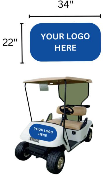 White golf cart with blue "Your Logo Here" signs on the front and roof. The roof sign measures 34 inches wide by 22 inches.